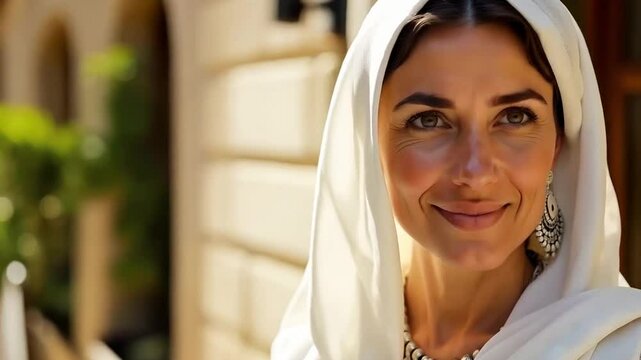 Algerian woman in Algiers, bright sunny day, wearing a traditional white haik, intricate silver jewelry