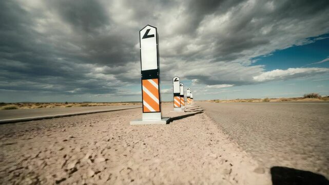 Roadside safety bollards in desert region under dramatic sky