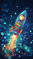 Colorful rocket launching into space, surrounded by vibrant geometric shapes and sparkles