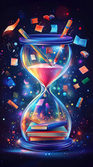 Colorful hourglass filled with books and stationery, set against a vibrant cosmic background