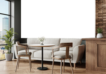 Free PNG wallpaper mockup in Coffee Shop Interior Design, Cozy cafe interior with framed art and comfortable seating, 3D rendering