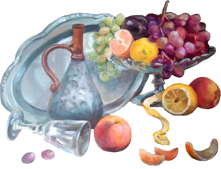 Still life with a bottle, a glass and a vase of fruit.Oil painting,  hand drawn illustration, isolated on white.