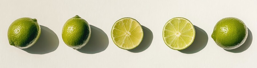 Fresh limes, whole and halved, arranged in a row against a white background