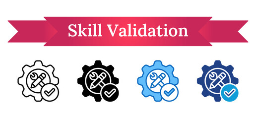 Skill Validation - Multi Style Outline, Glyph Silhouette, Blue, Dual Tone Icon - Gear, tools, and checkmark symbolizing validated professional or technical capabilities
