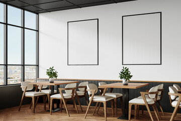 Modern Cafe Interior with Seating and Blank Wall Art