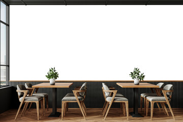Free PNG wallpaper mockup in Coffee Shop Interior Design, Modern Dining Room with Natural Light and Wooden Furniture, 3D rendering