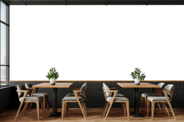 Free PNG wallpaper mockup in Coffee Shop Interior Design, Modern Dining Room with Natural Light and Wooden Furniture, 3D rendering