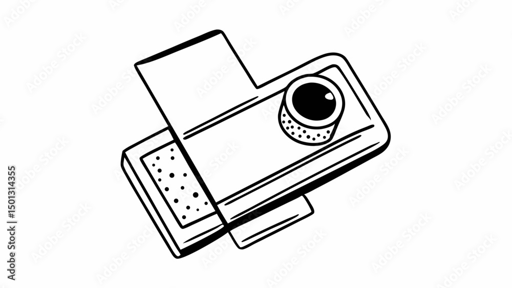 Poster illustration of a flip phone with a circular button and a screen with dots on a white background cre