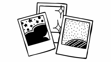 Three polaroid pictures with different patterns and designs in a black and white doodle style art created with generated ai