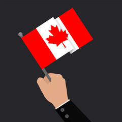 Hand holding Canadian flag against dark background. Vector illustration for themes related to Canadian patriotism, national pride, and celebrations