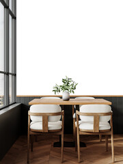 Free PNG wallpaper mockup in Coffee Shop Interior Design, Modern Dining Room with Natural Light and Wooden Furniture, 3D rendering