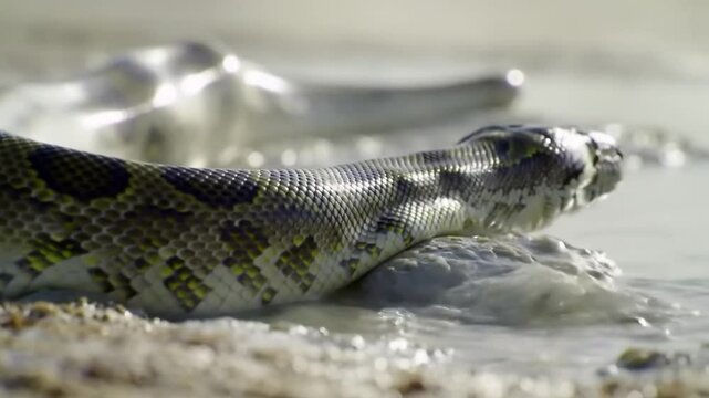Burmese Python Enters Murky Water Revealing Scaled Beauty And Wild Nature