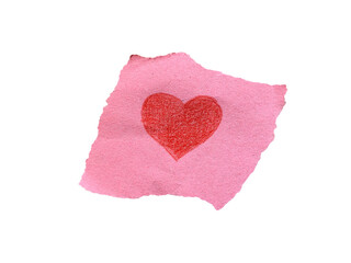Torn pink paper scrap with hand drawn red heart symbol isolated on transparent background
