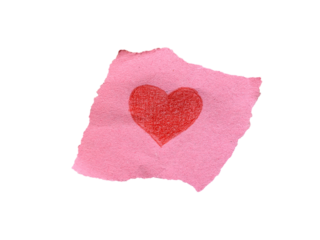 Torn pink paper scrap with hand drawn red heart symbol isolated on transparent background

