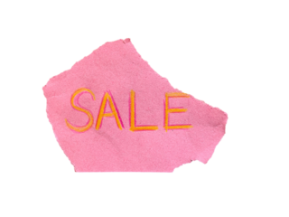 Torn pink paper scrap with SALE text written in bright colors isolated on transparent background