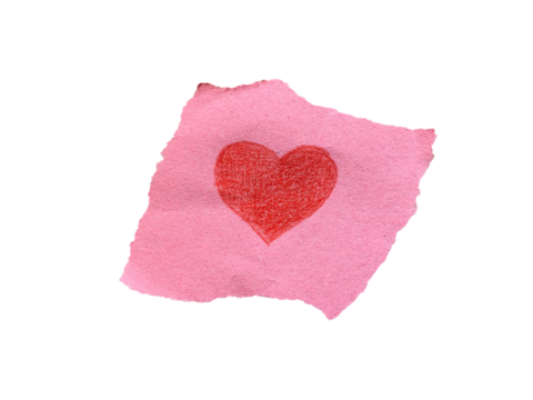Torn pink paper scrap with hand drawn red heart symbol isolated on transparent background
