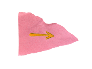 Torn pink paper with yellow hand drawn arrow symbol pointing right on transparent background