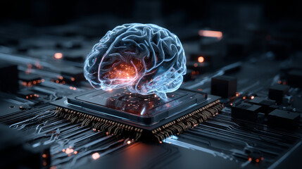 Artificial intelligence isometric landing page, ai technologies, glowing human brain levitate on antigravity platform with microcircuits on neon glowing futuristic background, 3d vector web banner