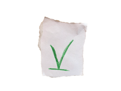 Torn white paper with a green check mark symbol hand drawn in crayon on transparent background - Powered by Adobe