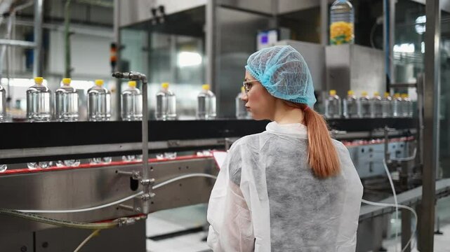 Female quality control inspector wearing protective clothing and mask writing notes on clipboard while inspecting production line in water bottling factory