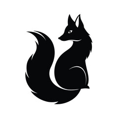 Elegant black fox silhouette with detailed tail and sitting posture against white background