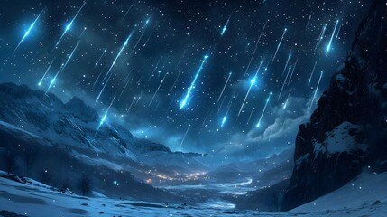 Spectacular comet shower above a quiet snowy mountain valley
