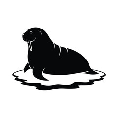 Silhouette illustration of a black walrus resting on a wavy surface isolated on white