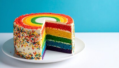 rainbow cake with cheese toping at plate cyan and white background