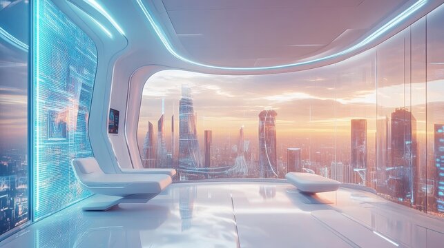 A clean and modern futuristic office interior with glass walls, minimal white furniture, ambient lighting, smart digital panels, and skyline view, ultra high resolution, 16:9 aspect ratio, 