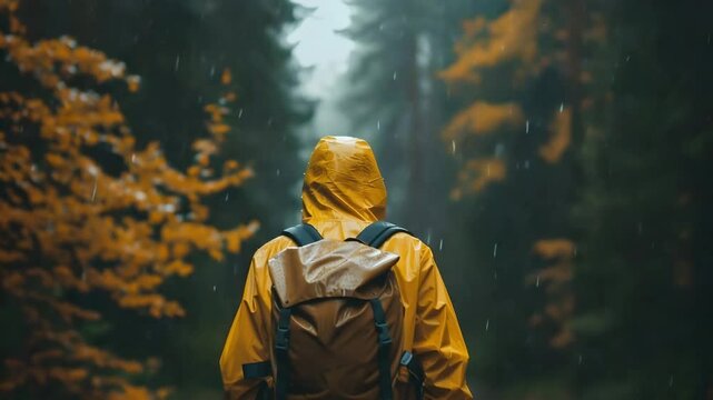 Person wearing yellow raincoat and backpack walks through rainy forest with autumn leaves, creating peaceful and reflective mood nature rain