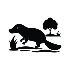 Black silhouette illustration of a beaver in a natural landscape surrounded by foliage and trees