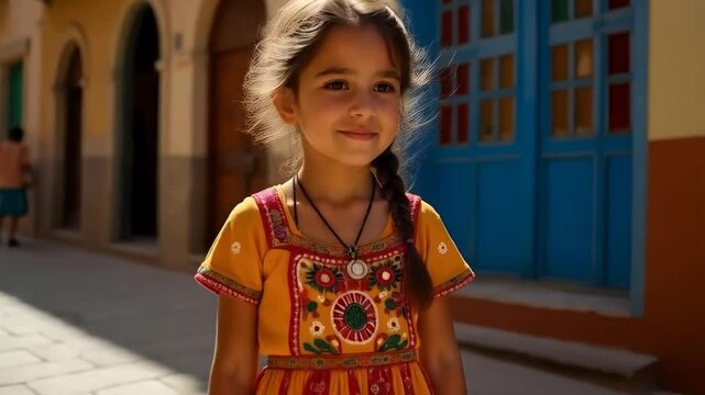 Algerian girl in a vibrant, traditional dress walking through the bustling Casbah of Algiers on a sunny morning