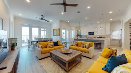 Bright open living space featuring yellow sofas and a view of the ocean from the dining area inside