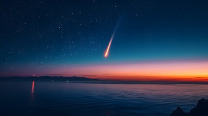 Comet entering Earth is atmosphere with a fiery trail over the ocean