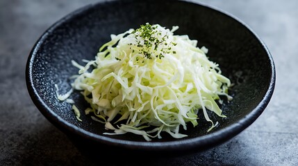 Shredded Cabbage Salad in a Black Bowl
