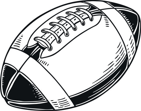 Detailed Black and White Hand-Drawn Illustration of American Football, Rugby Ball, Gridiron Sports Equipment, Athletic Gear, Oval Leather Ball with Laces, Vintage Sketch Art for Sports and Games