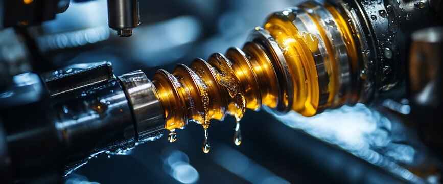 Close-up on precision metalworking with lubricant showcasing industrial excellence
