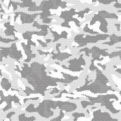 Halftone camouflage pattern background. Classic military clothing style. Masking camo repeat print. Black and white seamless camouflage halftone texture.
