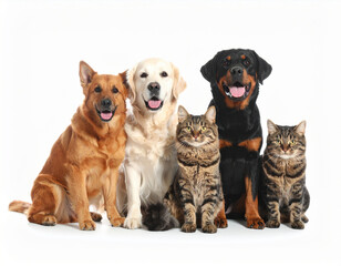 Fototapeta premium Cute pets including dogs and cats posing together white background, showcasing their friendly expressions and playful nature