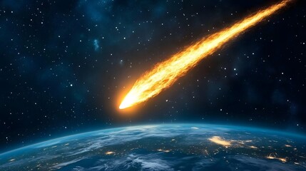 Comet entering Earth is atmosphere with a fiery trail over the ocean