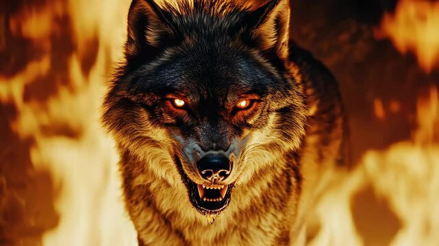 Fierce Wolf with Glowing Eyes Emerging from Flames, Powerful Predator with Aggressive Expression, Fantasy Creature, Digital Art Illustration