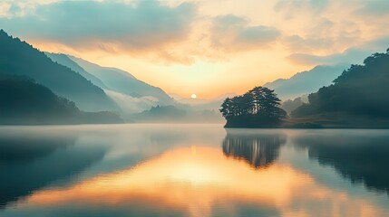 Obraz premium A serene lake reflecting the sunrise with mountains and trees in the distance under a cloudy sky