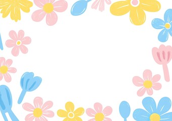 Fototapeta premium A cute frame of pastel pink, yellow, and blue flowers 