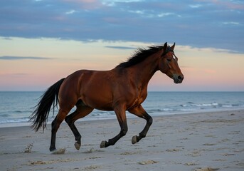 Powerful American Quarter Horse galloping on sandy beach at sunrise with ocean in the background

