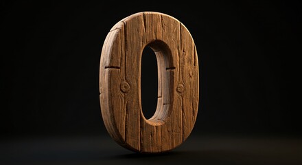 Detailed Rustic Carved Wooden Zero Number Isolated in Dark Studio