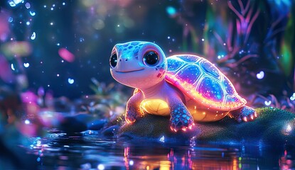 A cute turtle with glowing neon lights on its shell