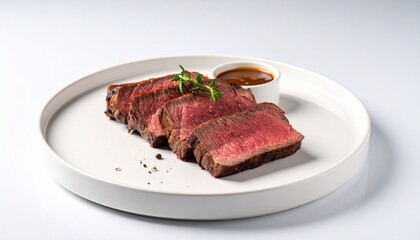 Medium rare steak slice at wooden plate with cream and white background