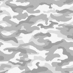 Halftone camouflage pattern background. Classic military clothing style. Masking camo repeat print. Black and white seamless camouflage halftone texture.
