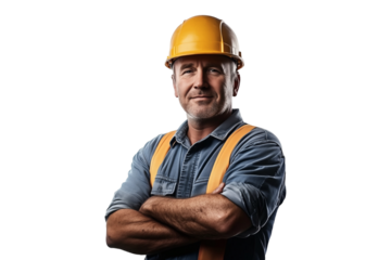 Senior Engineer Worker on Uniform with Arms Crossed on Transparent Background