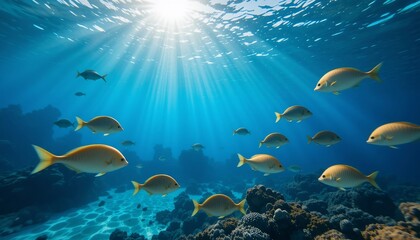 Fototapeta premium Underwater Scene Sunbeams Illuminate Vibrant Coral Reef and School of Fish Swimming